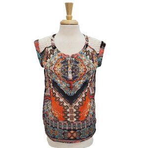 Daniel Rainn Womens Sleeveless Peasant‎ Blouse Top Size S Sheer Multicolor Boho